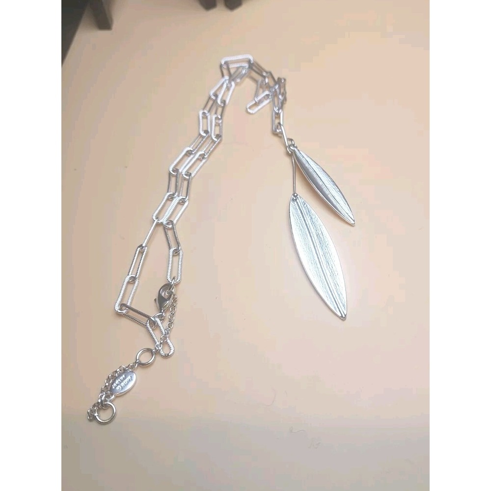 Vtg JADE & JASPER Leaf Necklace Rhodium Plate Paperclip Chain 18" Pendant 3"‎